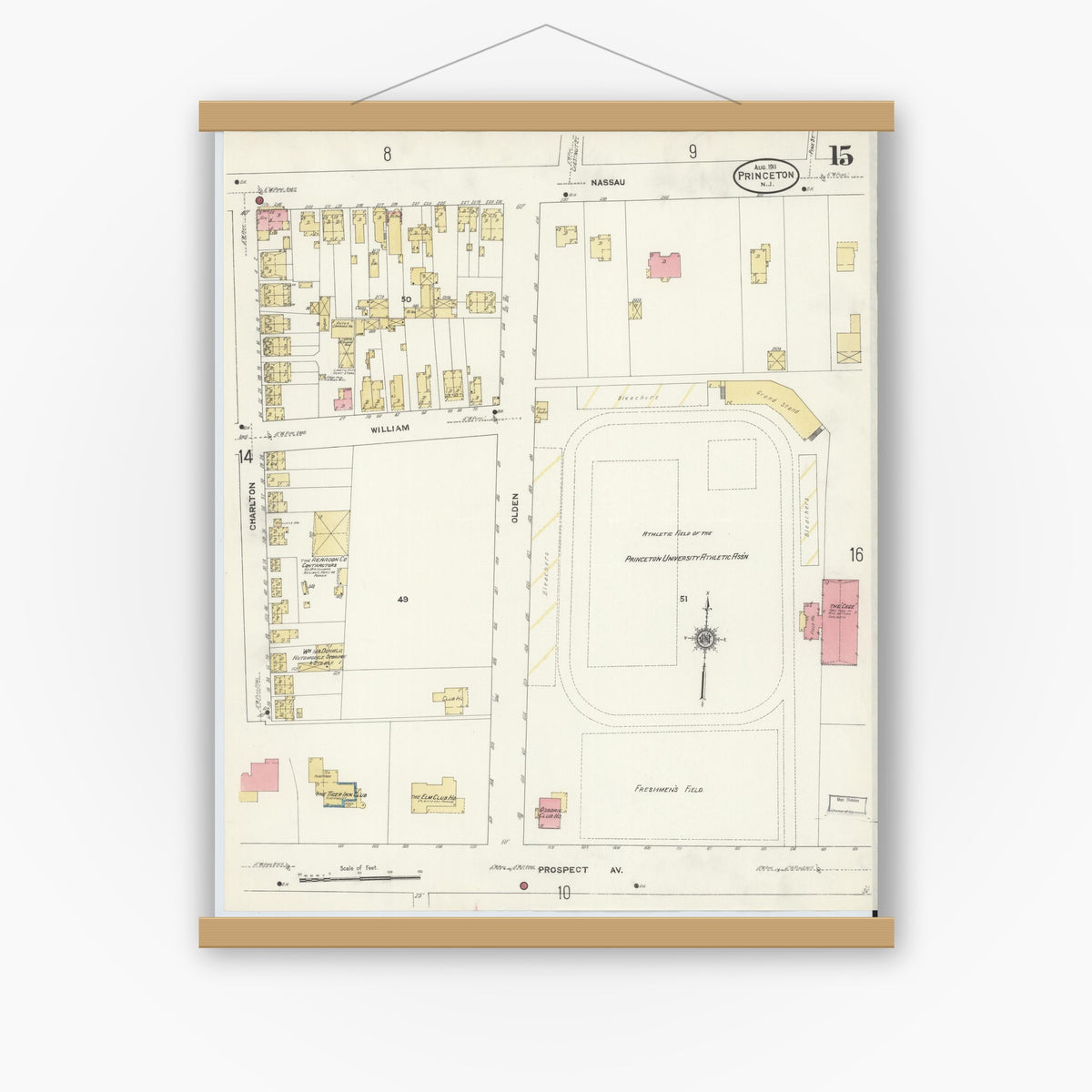 Old map wall art mockup — magnetic wood frame on white wall — Sanborn Fire Insurance Map from Princeton, Mercer County, New Jersey (1911), Sheet #0015