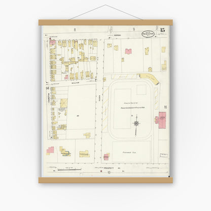 Old map wall art mockup — magnetic wood frame on white wall — Sanborn Fire Insurance Map from Princeton, Mercer County, New Jersey (1911), Sheet #0015