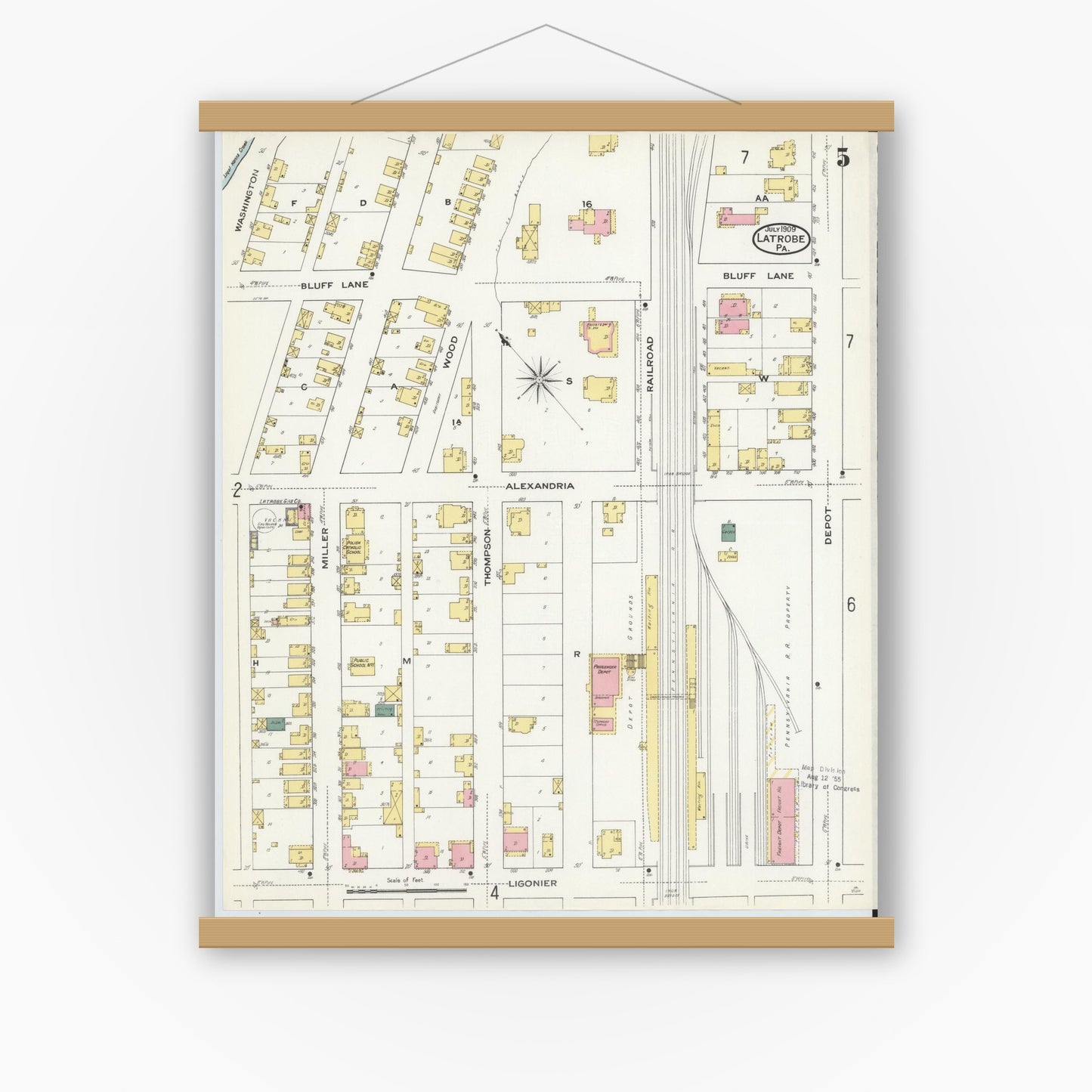 Old map wall art mockup — magnetic wood frame on white wall — Sanborn Fire Insurance Map from Latrobe, Westmoreland County, Pennsylvania (1909), Sheet #0005
