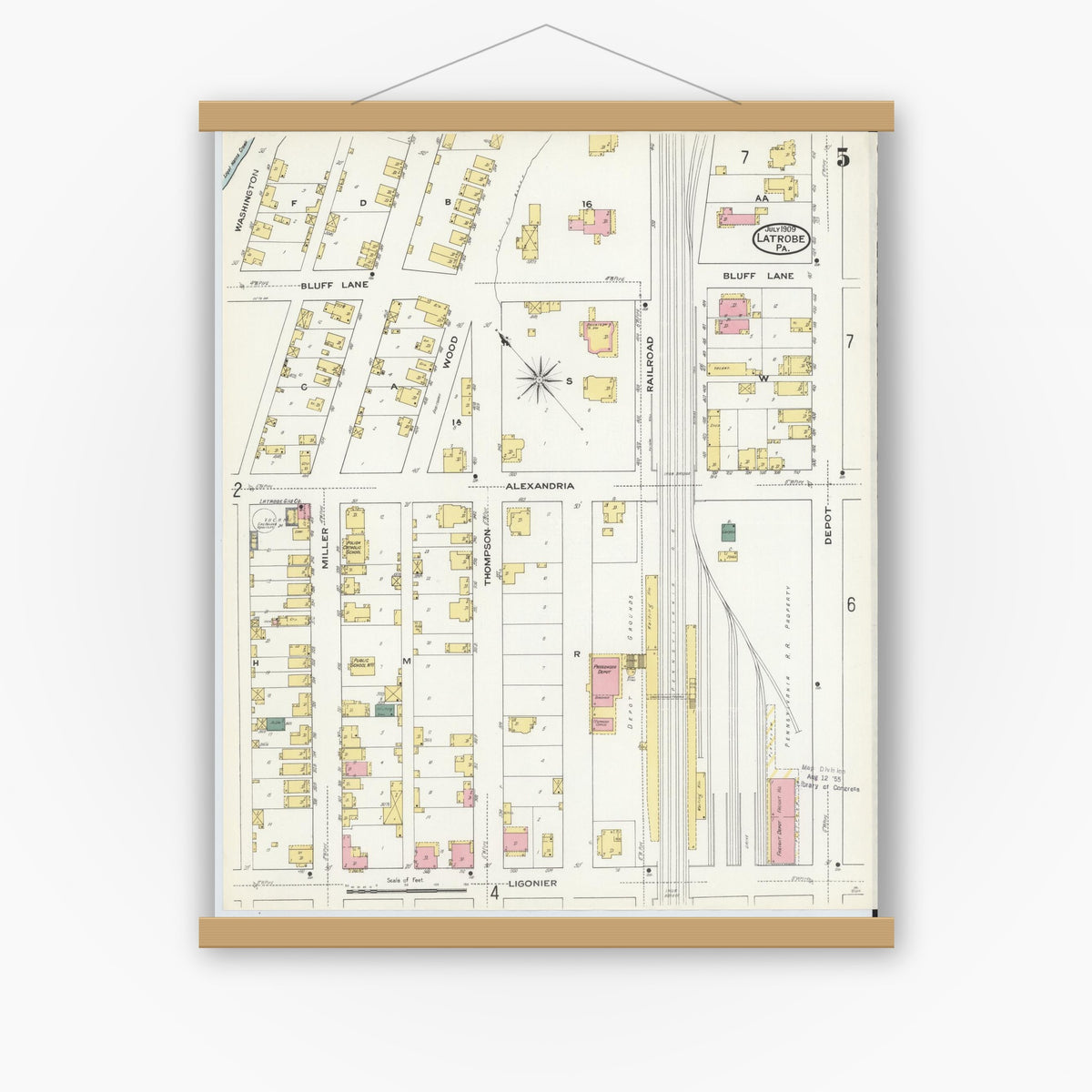 Old map wall art mockup — magnetic wood frame on white wall — Sanborn Fire Insurance Map from Latrobe, Westmoreland County, Pennsylvania (1909), Sheet #0005