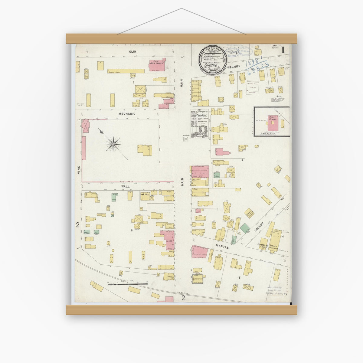 Old map wall art mockup — magnetic wood frame on white wall — Sanborn Fire Insurance Map from Girard, Erie County, Pennsylvania (1898) - Complete Map Set