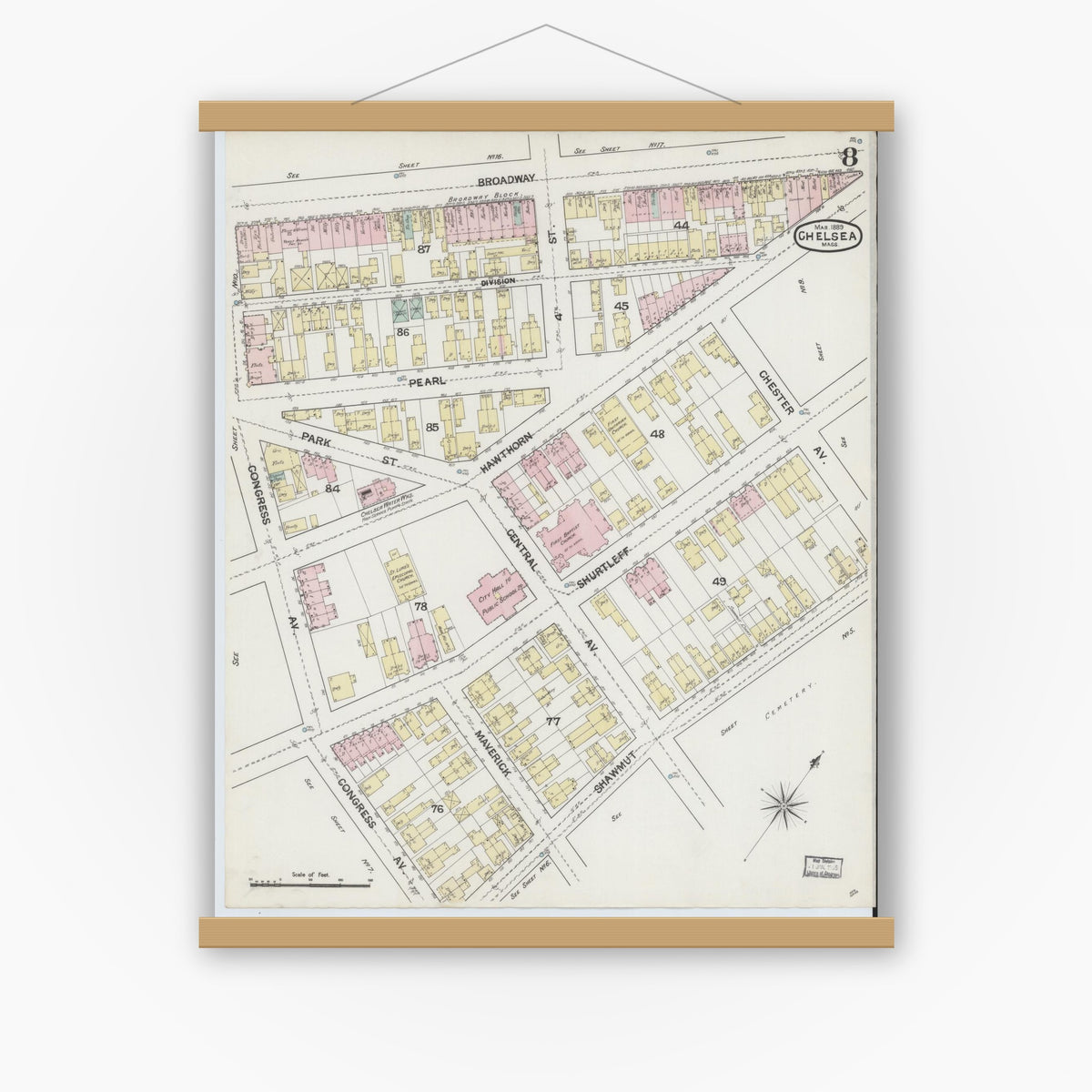 Old map wall art mockup — magnetic wood frame on white wall — Sanborn Fire Insurance Map from Chelsea, Suffolk County, Massachusetts (1889), Sheet #0008
