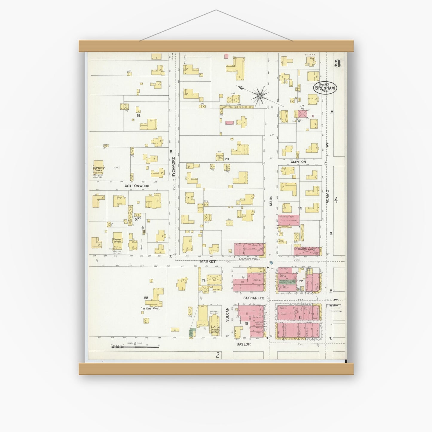 Old map wall art mockup — magnetic wood frame on white wall — Sanborn Fire Insurance Map from Brenham, Washington County, Texas (1901), Sheet #0003