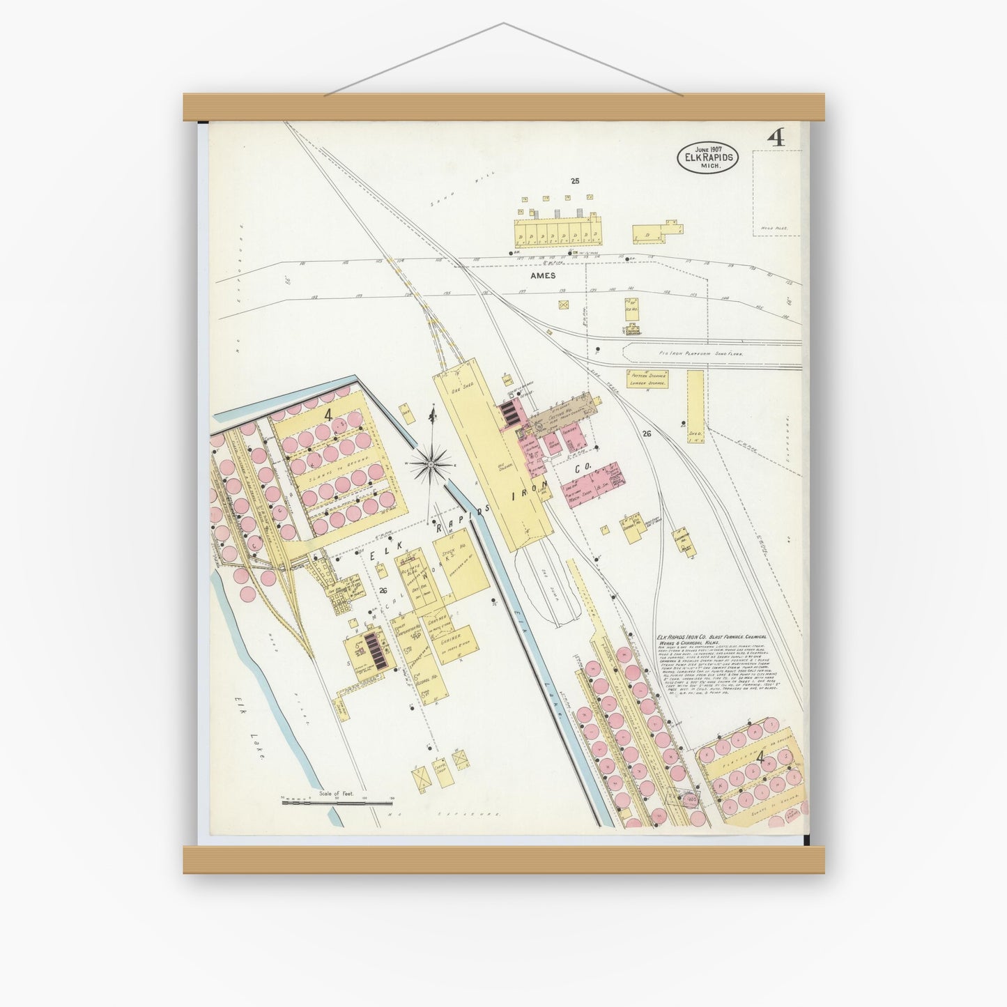 Old map wall art mockup — magnetic wood frame on white wall — Sanborn Fire Insurance Map from Elk Rapids, Antrim County, Michigan (1907), Sheet #0004