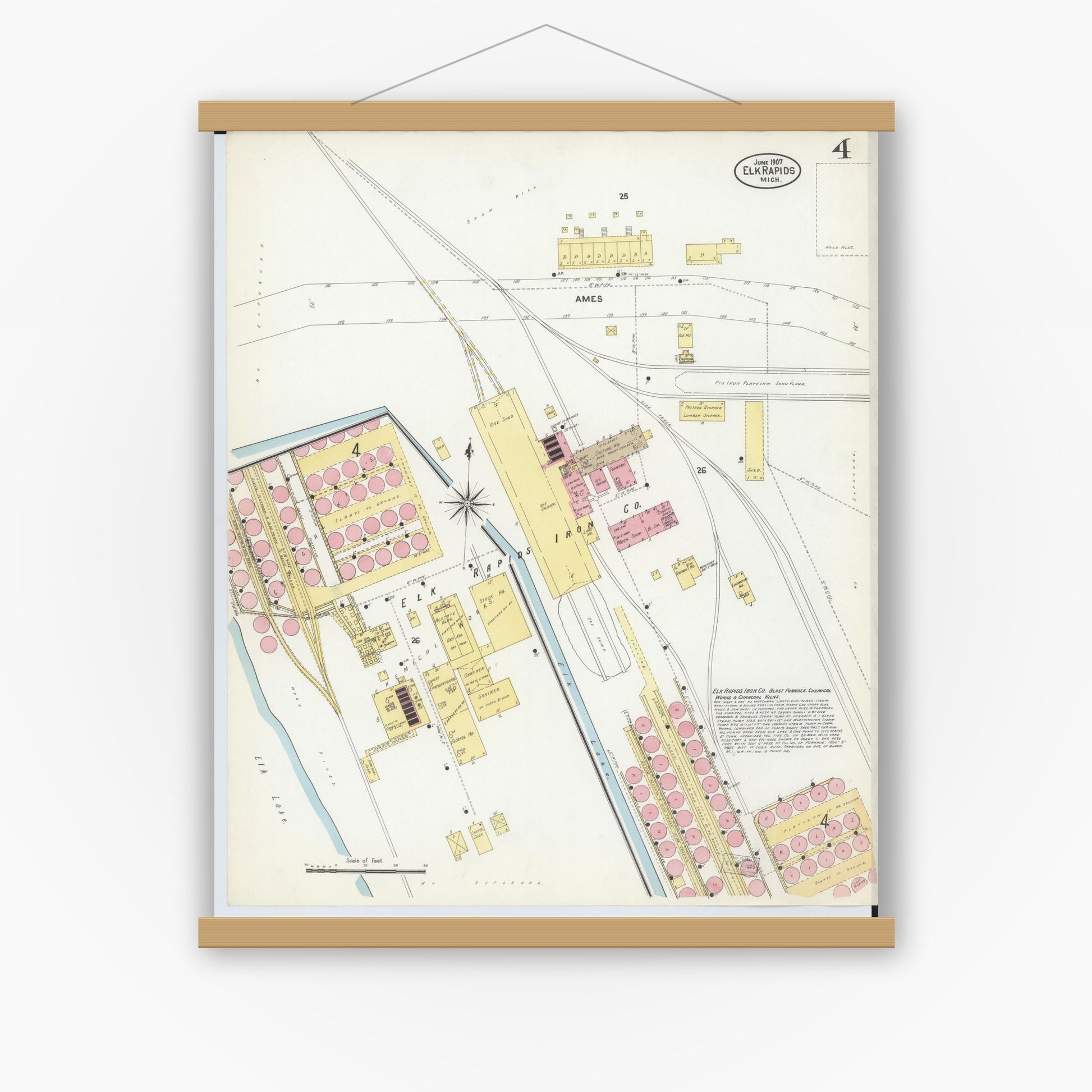 Old map wall art mockup — magnetic wood frame on white wall — Sanborn Fire Insurance Map from Elk Rapids, Antrim County, Michigan (1907), Sheet #0004