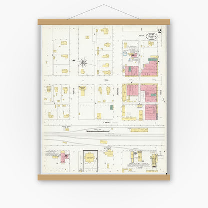 Old map wall art mockup — magnetic wood frame on white wall — Sanborn Fire Insurance Map from Itasca, Hill County, Texas (1907), Sheet #0002