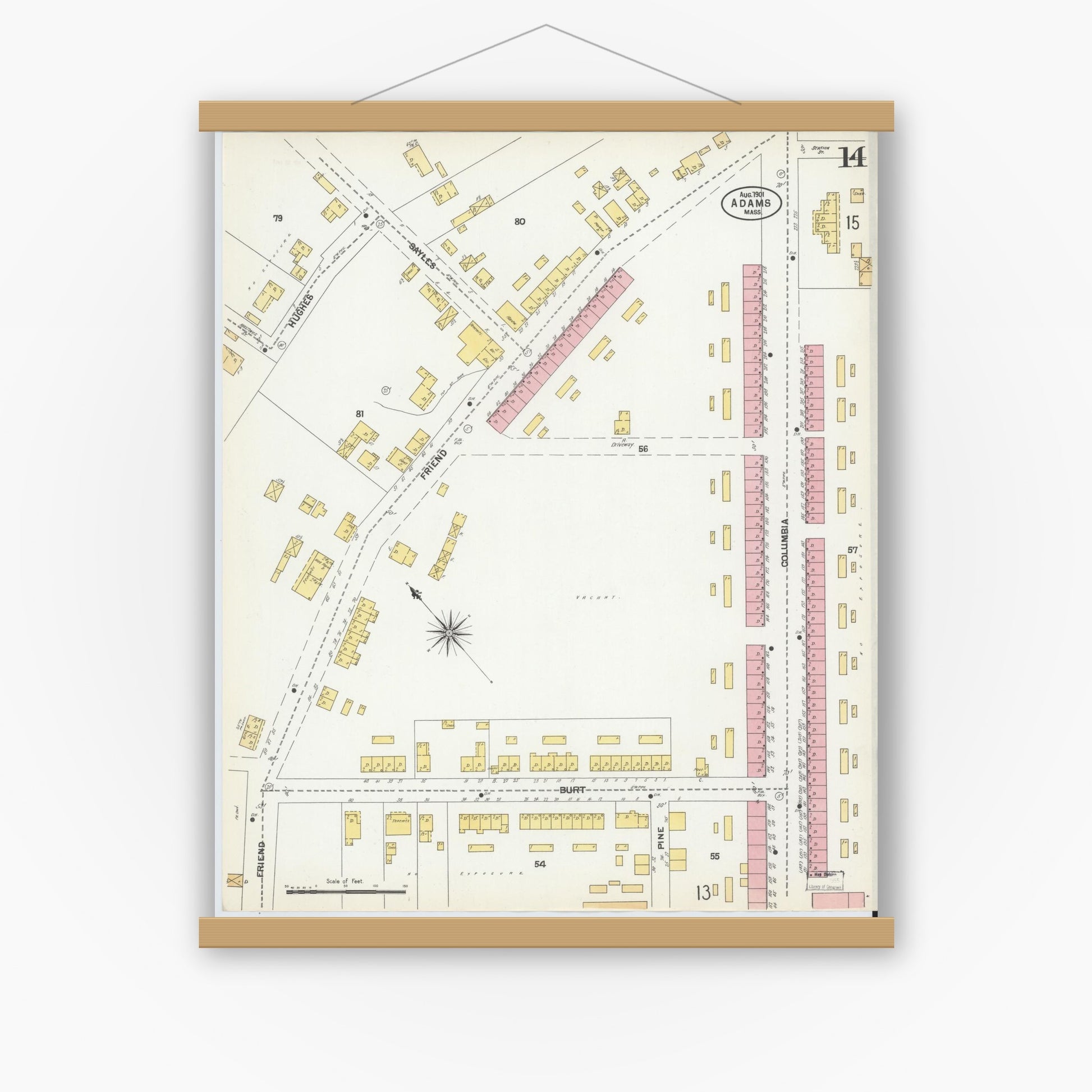 Old map wall art mockup — magnetic wood frame on white wall — Sanborn Fire Insurance Map from Adams, Berkshire County, Massachusetts (1901), Sheet #0014