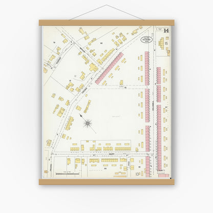 Old map wall art mockup — magnetic wood frame on white wall — Sanborn Fire Insurance Map from Adams, Berkshire County, Massachusetts (1901), Sheet #0014