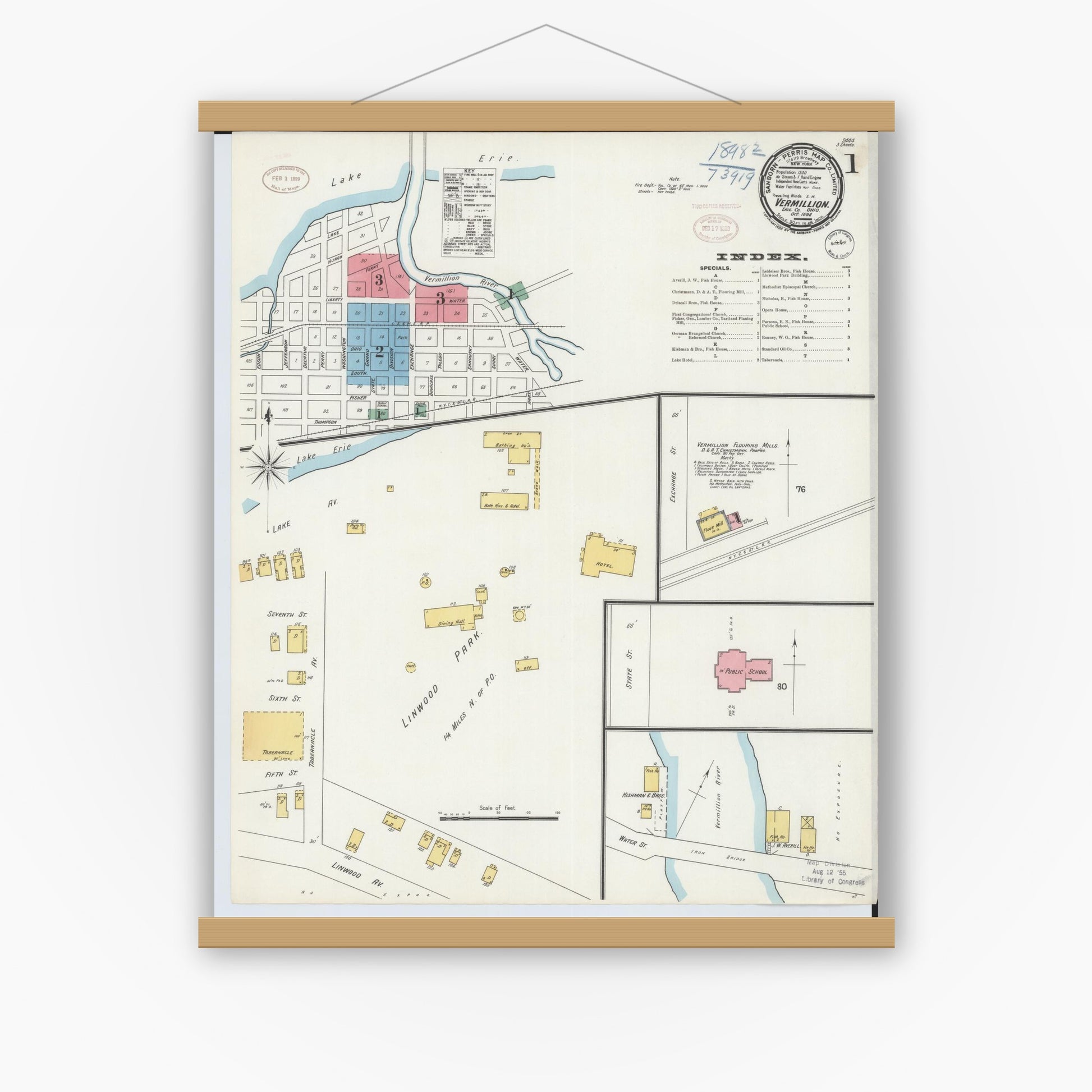 Old map wall art mockup — magnetic wood frame on white wall — Sanborn Fire Insurance Map from Vermillion, Erie County, Ohio (1898), Sheet #0001