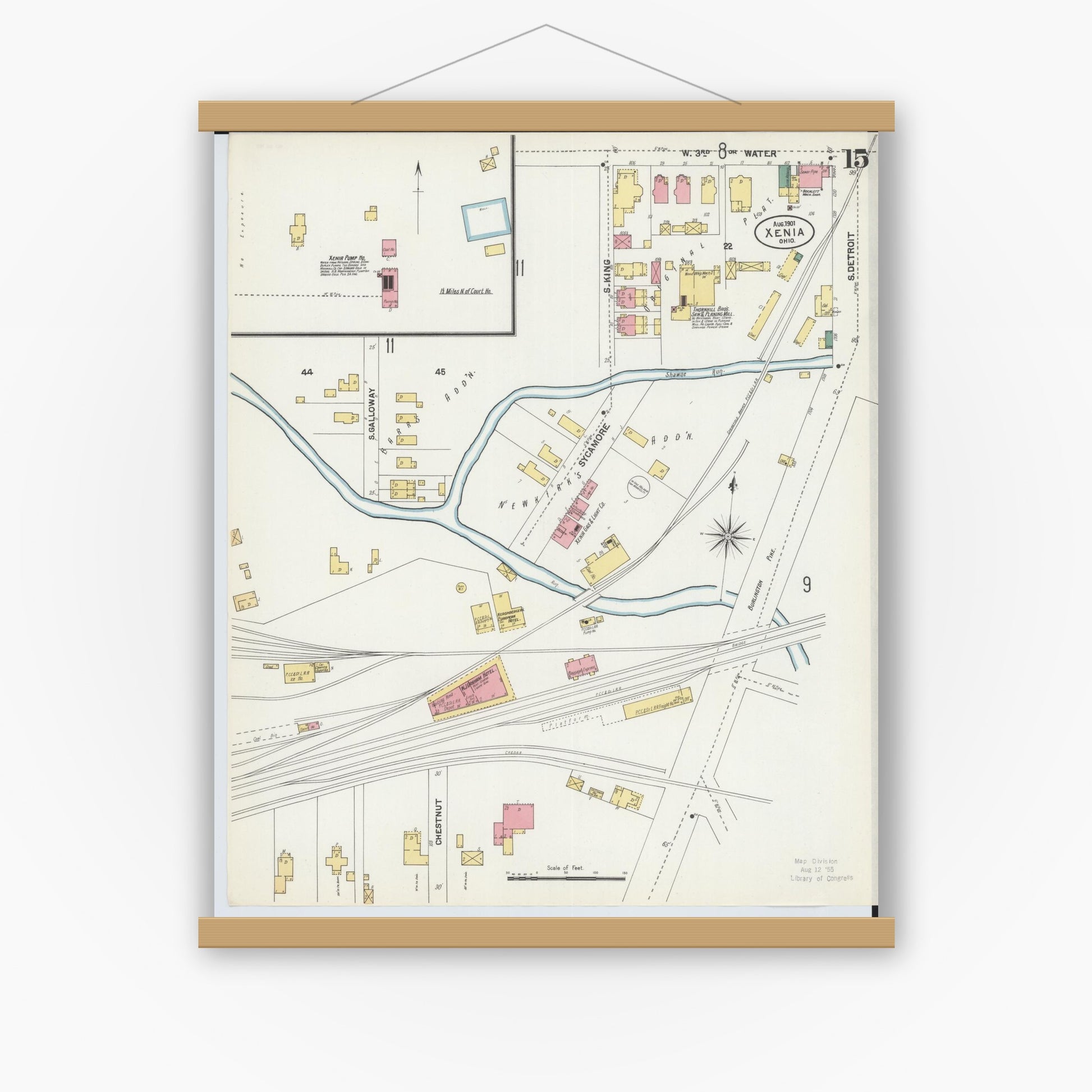 Old map wall art mockup — magnetic wood frame on white wall — Sanborn Fire Insurance Map from Xenia, Greene County, Ohio (1901), Sheet #0015
