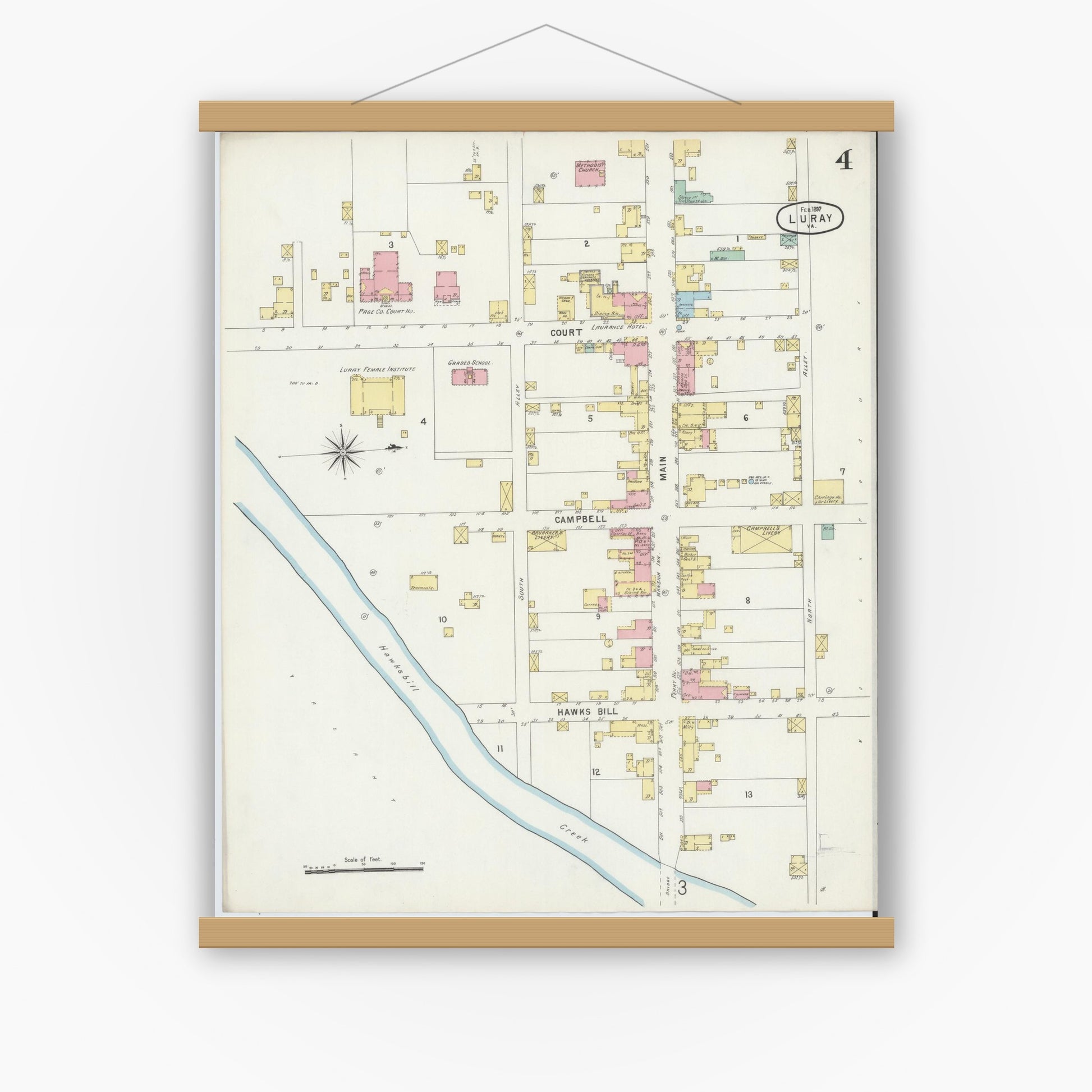 Old map wall art mockup — magnetic wood frame on white wall — Sanborn Fire Insurance Map from Luray, Page County, Virginia (1897), Sheet #0004