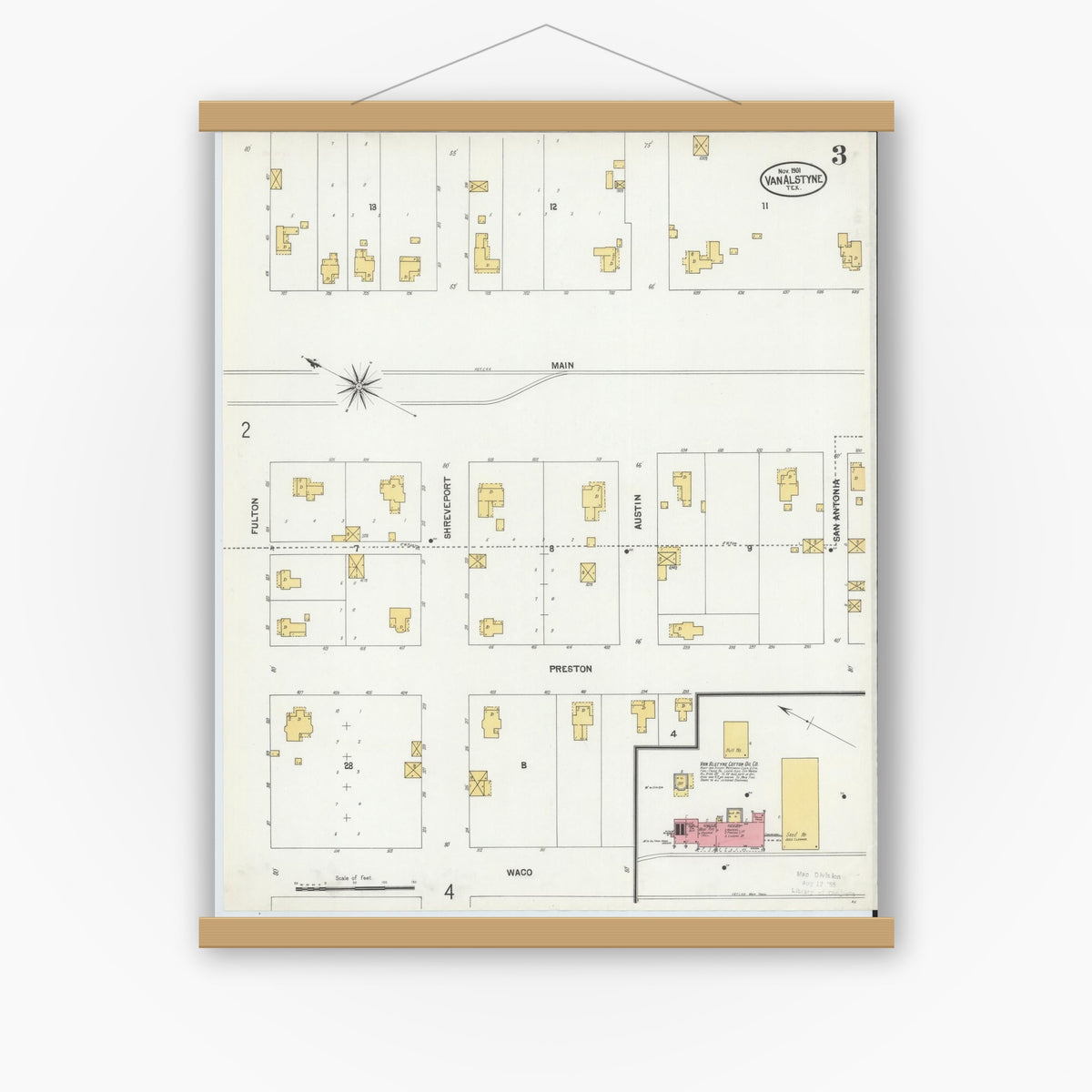 Old map wall art mockup — magnetic wood frame on white wall — Sanborn Fire Insurance Map from Van Alstyne, Grayson County, Texas (1901), Sheet #0003
