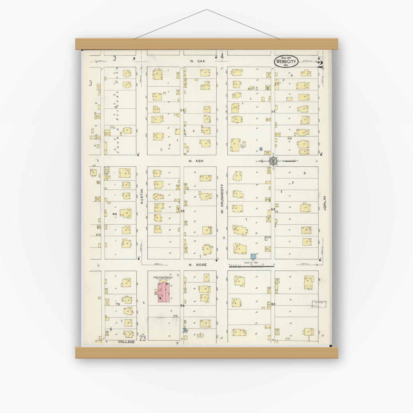 Old map wall art mockup — magnetic wood frame on white wall — Sanborn Fire Insurance Map from Webb City, Jasper County, Missouri (1915), Sheet #0002