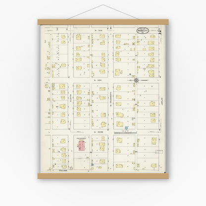 Old map wall art mockup — magnetic wood frame on white wall — Sanborn Fire Insurance Map from Webb City, Jasper County, Missouri (1915), Sheet #0002