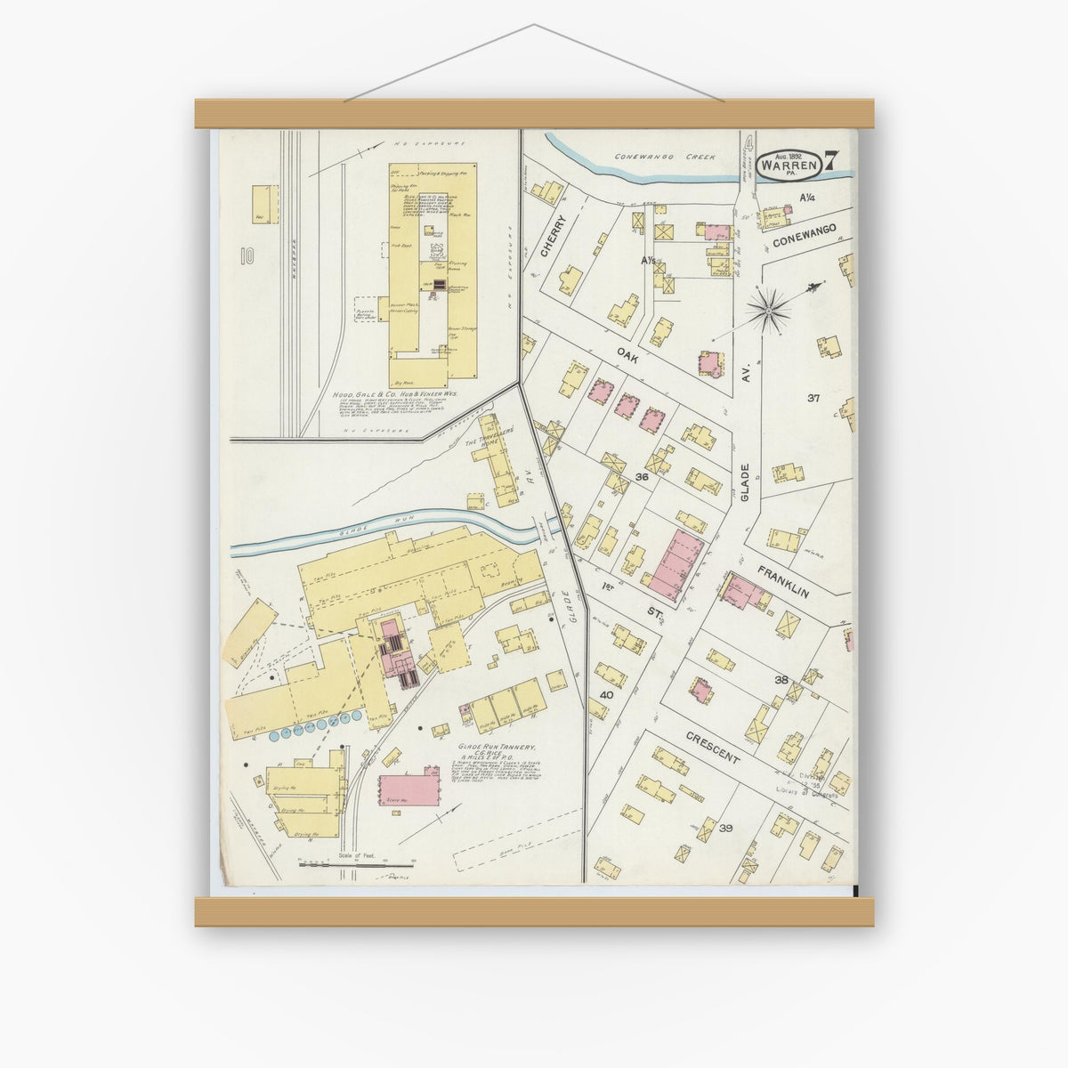 Old map wall art mockup — magnetic wood frame on white wall — Sanborn Fire Insurance Map from Warren, Warren County, Pennsylvania (1892), Sheet #0007