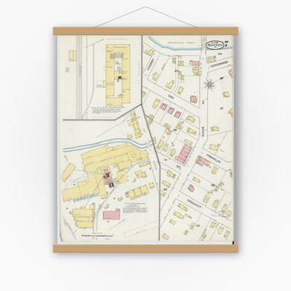 Old map wall art mockup — magnetic wood frame on white wall — Sanborn Fire Insurance Map from Warren, Warren County, Pennsylvania (1892), Sheet #0007
