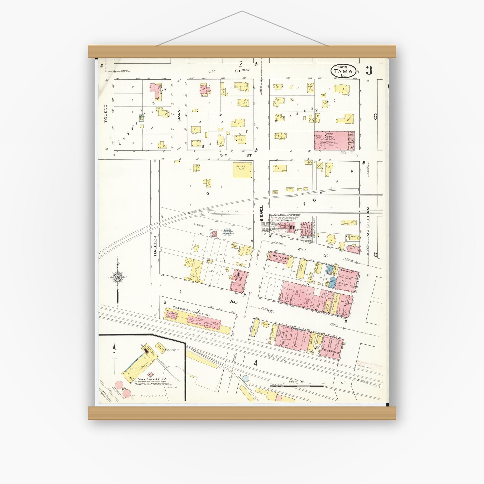 Old map wall art mockup — magnetic wood frame on white wall — Sanborn Fire Insurance Map from Tama, Tama County, Iowa (1915), Sheet #0003