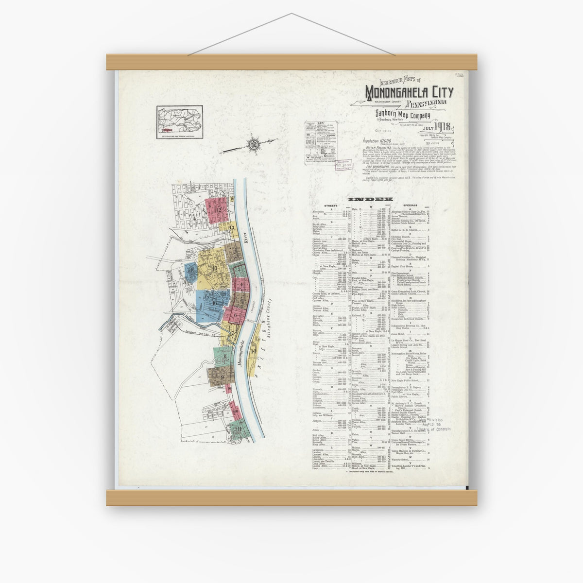 Old map wall art mockup — magnetic wood frame on white wall — Sanborn Fire Insurance Map from Monongahela City, Washington County, Pennsylvania (1918) - Complete Map Set