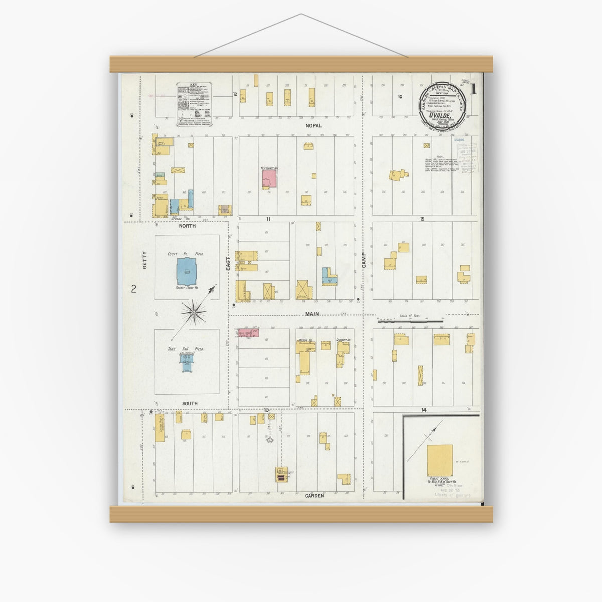 Old map wall art mockup — magnetic wood frame on white wall — Sanborn Fire Insurance Map from Uvalde, Uvalde County, Texas (1900) - Complete Map Set