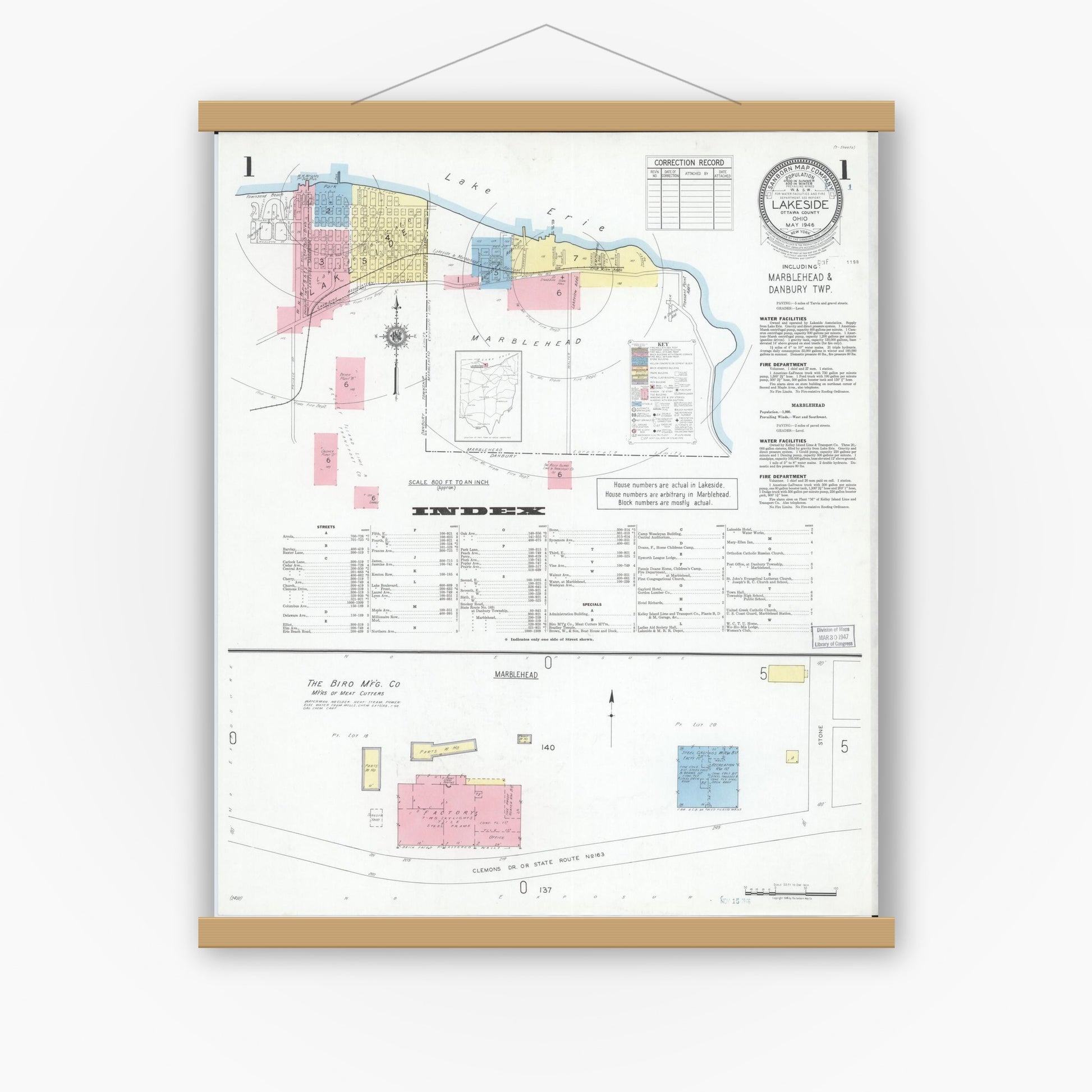 Old map wall art mockup — magnetic wood frame on white wall — Sanborn Fire Insurance Map from Lakeside, Ottawa County, Ohio (1946) - Complete Map Set