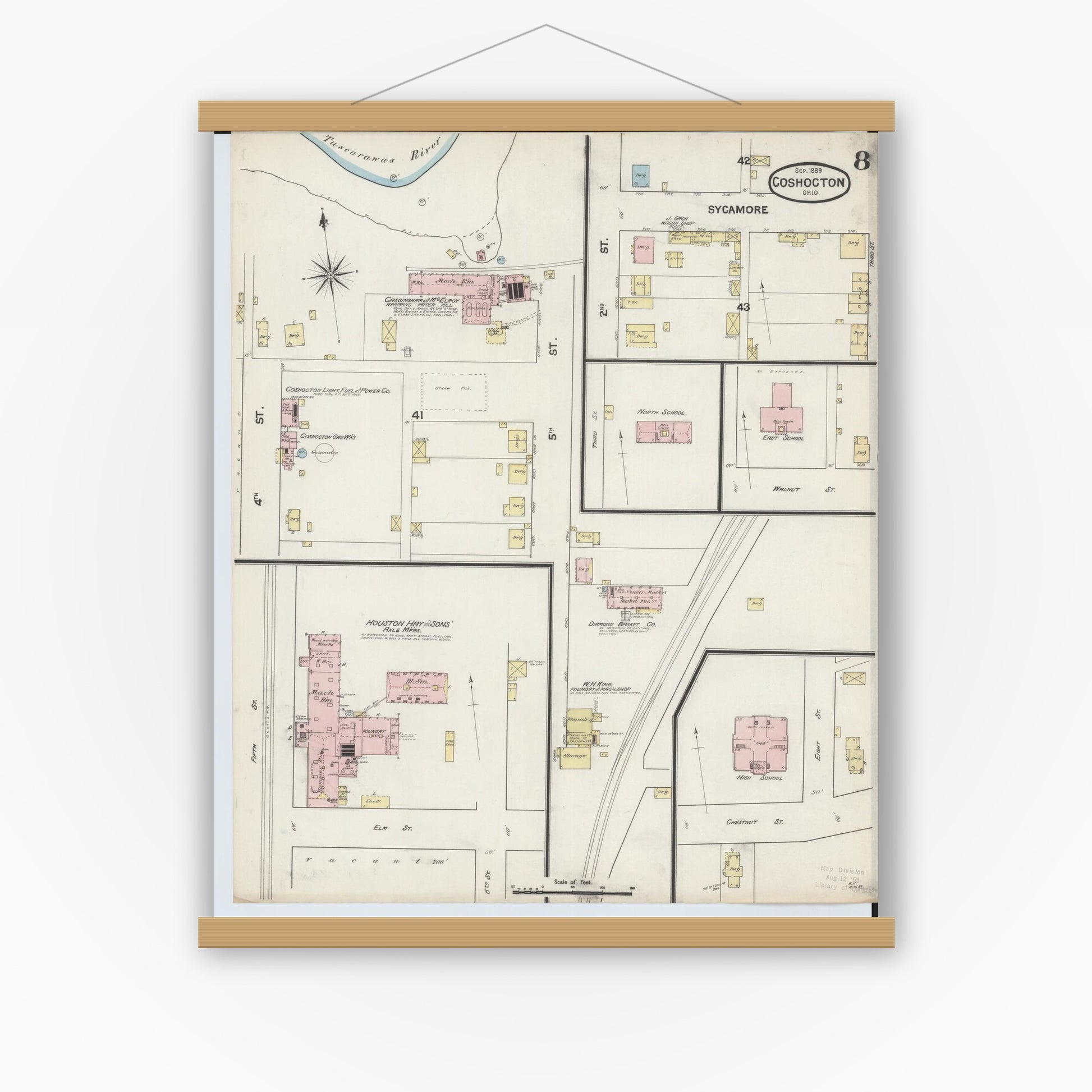Old map wall art mockup — magnetic wood frame on white wall — Sanborn Fire Insurance Map from Coshocton, Coshocton County, Ohio (1889), Sheet #0008