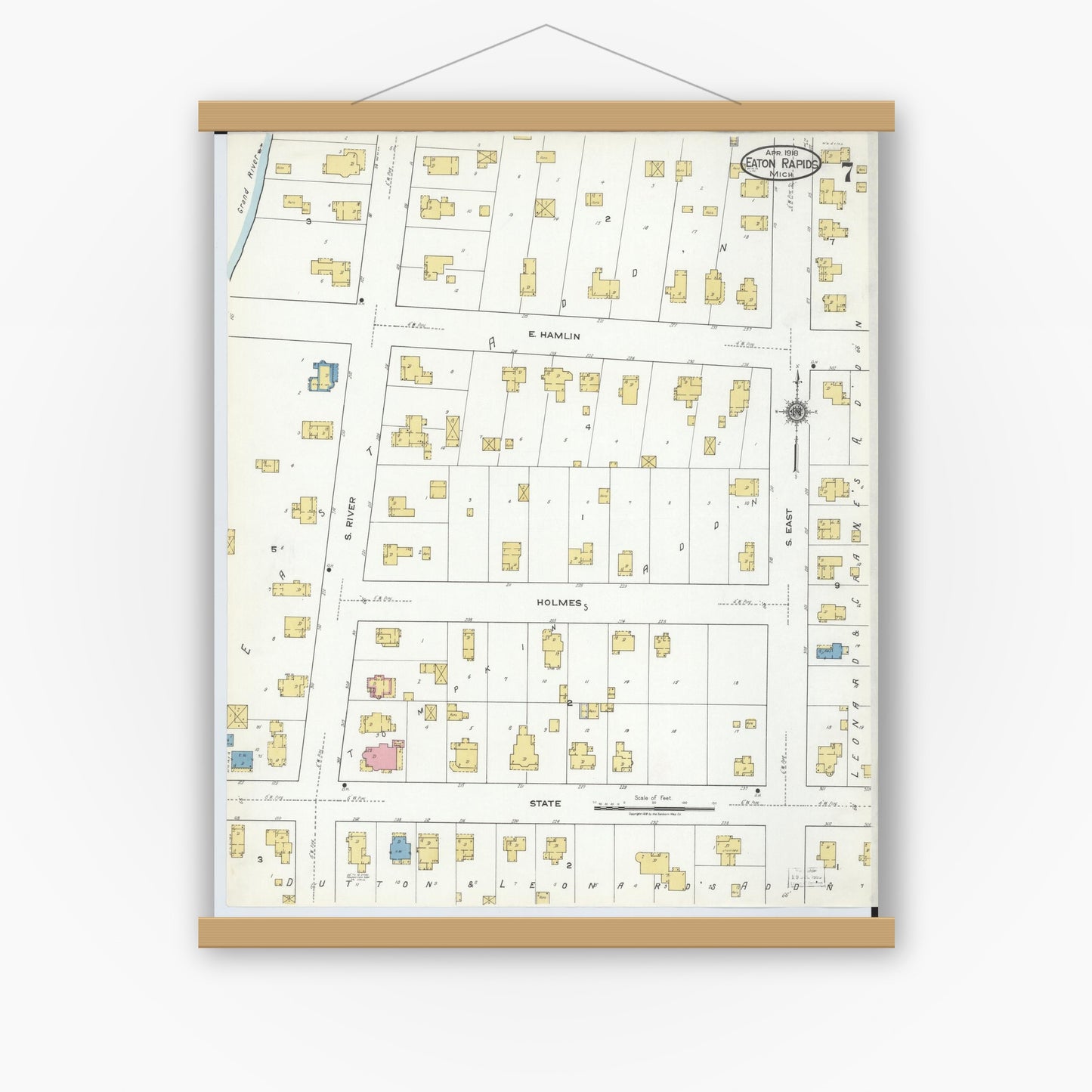 Old map wall art mockup — magnetic wood frame on white wall — Sanborn Fire Insurance Map from Eaton Rapids, Eaton County, Michigan (1918), Sheet #0007