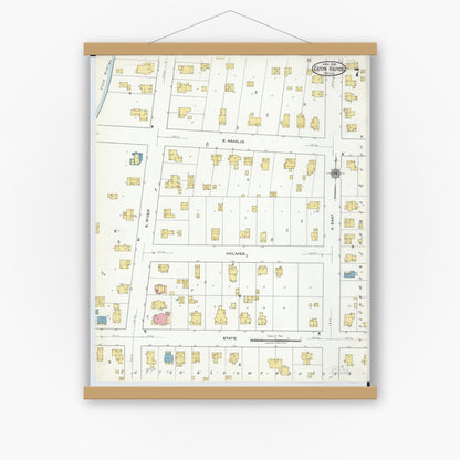 Old map wall art mockup — magnetic wood frame on white wall — Sanborn Fire Insurance Map from Eaton Rapids, Eaton County, Michigan (1918), Sheet #0007