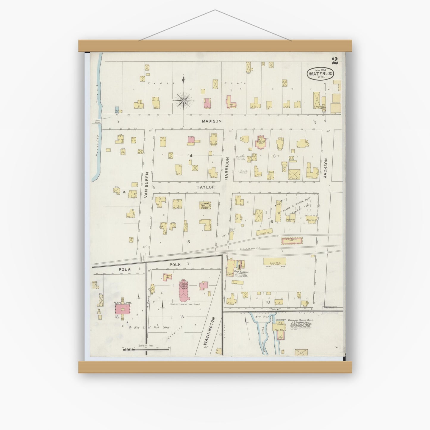 Old map wall art mockup — magnetic wood frame on white wall — Sanborn Fire Insurance Map from Waterloo, Jefferson County, Wisconsin (1894), Sheet #0002