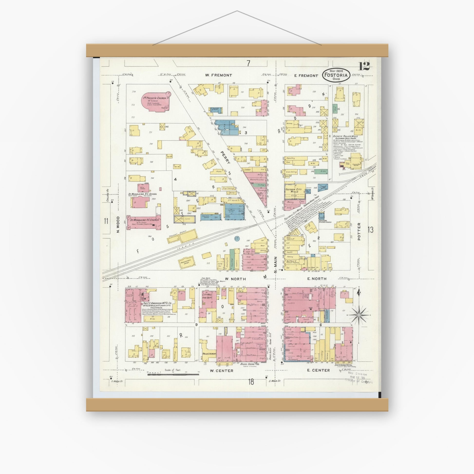 Old map wall art mockup — magnetic wood frame on white wall — Sanborn Fire Insurance Map from Fostoria, Seneca, Hancock, And Wood Counties, Ohio (1908), Sheet #0012