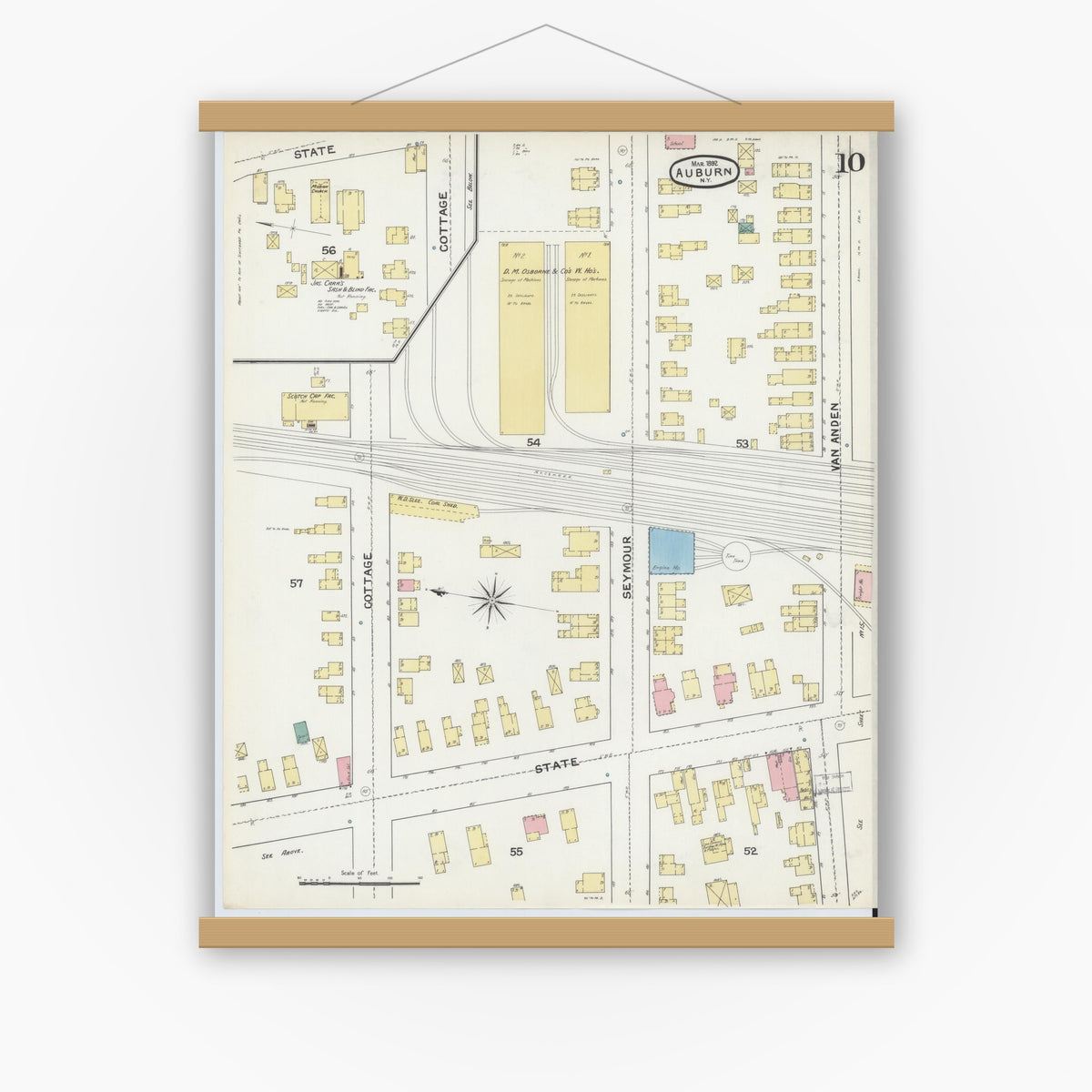 Old map wall art mockup — magnetic wood frame on white wall — Sanborn Fire Insurance Map from Auburn, Cayuga County, New York (1892), Sheet #0010