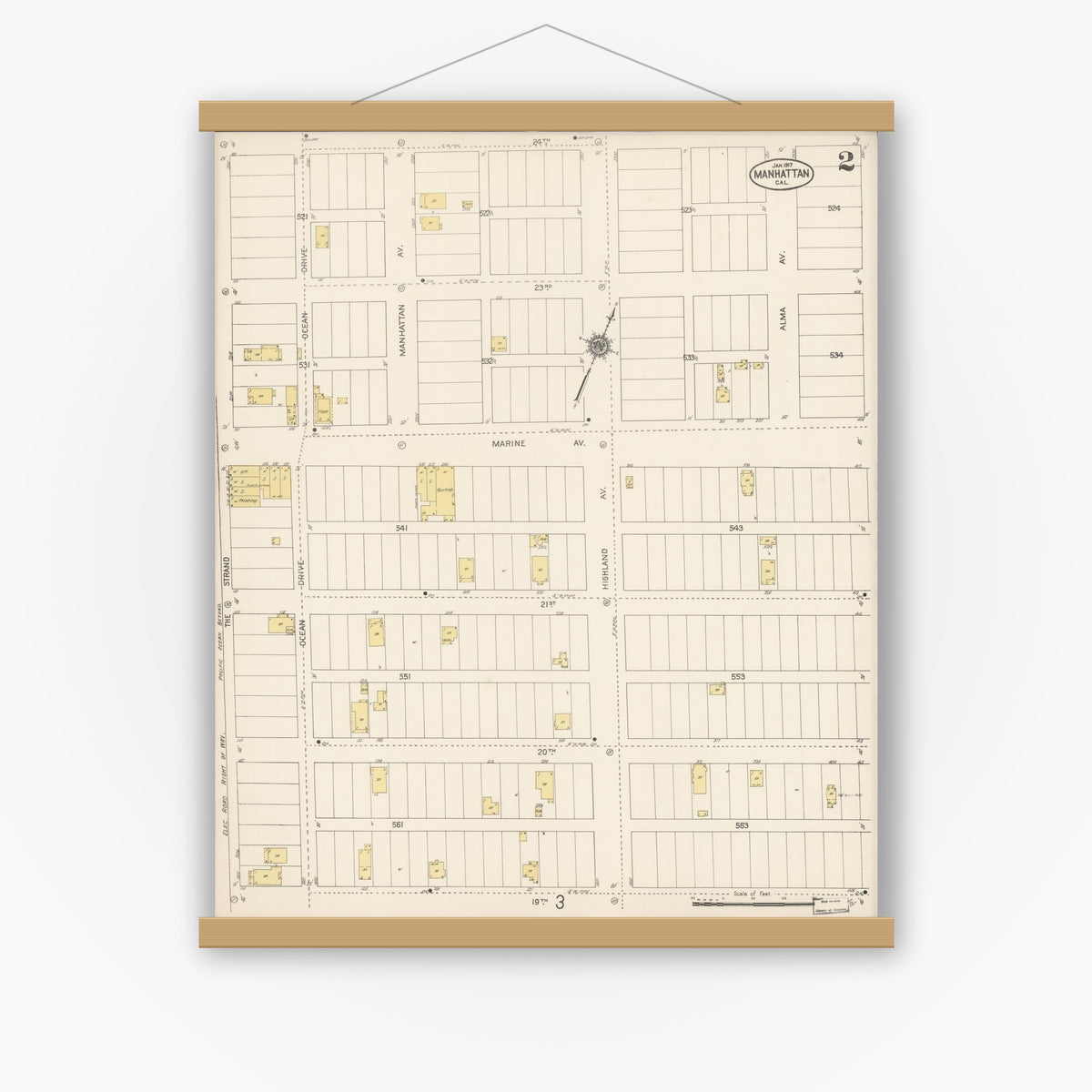 Old map wall art mockup — magnetic wood frame on white wall — Sanborn Fire Insurance Map from Manhattan Beach, Los Angeles County, California (1917), Sheet #0002
