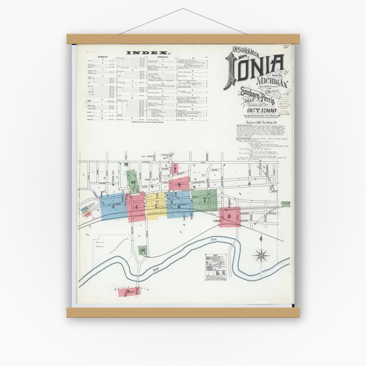 Old map wall art mockup — magnetic wood frame on white wall — Sanborn Fire Insurance Map from Ionia, Ionia County, Michigan (1900) - Complete Map Set