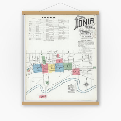 Old map wall art mockup — magnetic wood frame on white wall — Sanborn Fire Insurance Map from Ionia, Ionia County, Michigan (1900) - Complete Map Set