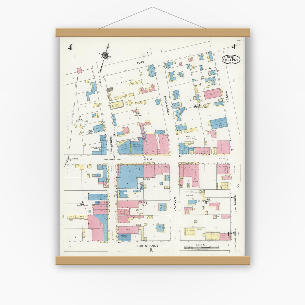 Old map wall art mockup — magnetic wood frame on white wall — Sanborn Fire Insurance Map from Eagle Pass, Maverick County, Texas (1924), Sheet #0004