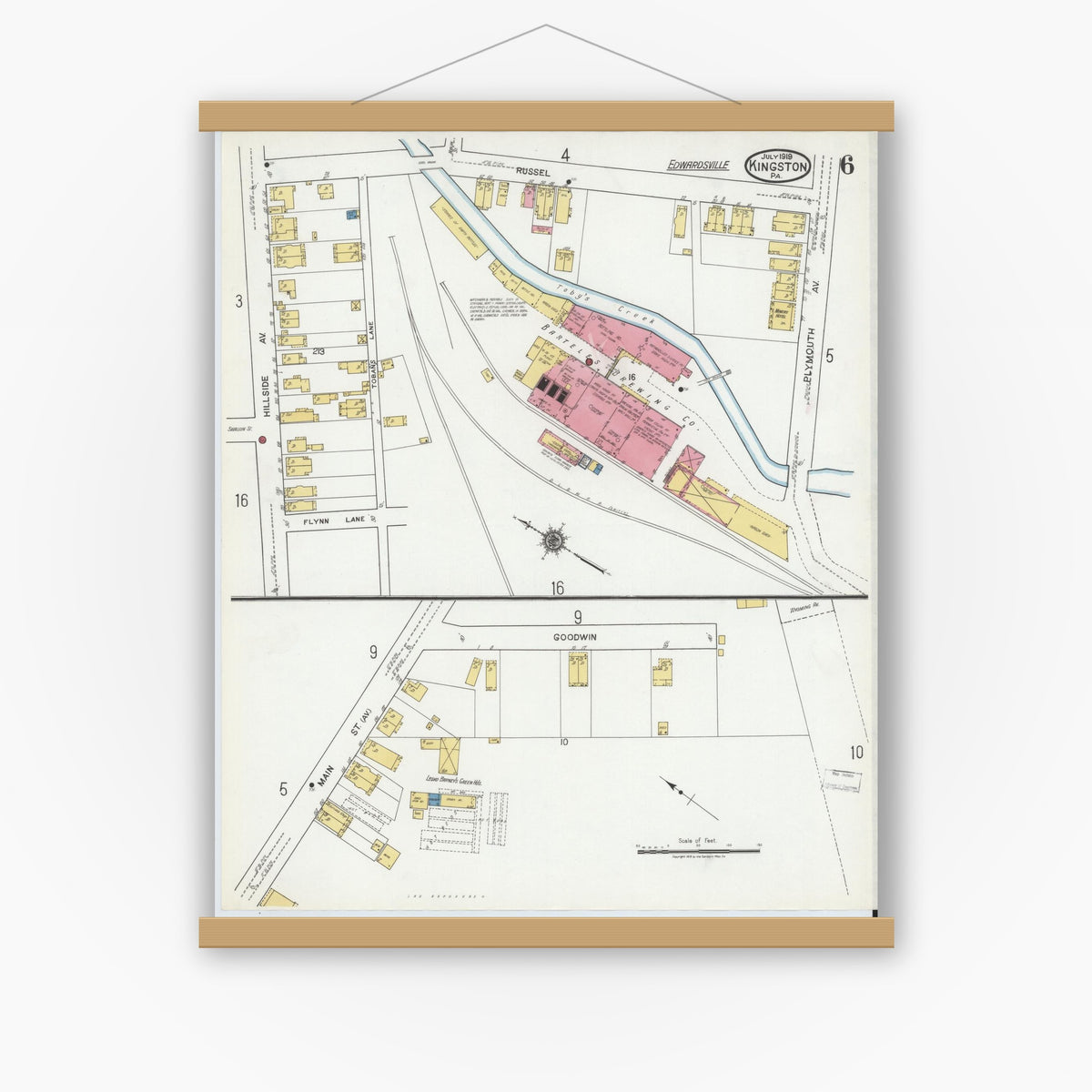 Old map wall art mockup — magnetic wood frame on white wall — Sanborn Fire Insurance Map from Kingston, Luzerne County, Pennsylvania (1919), Sheet #0006
