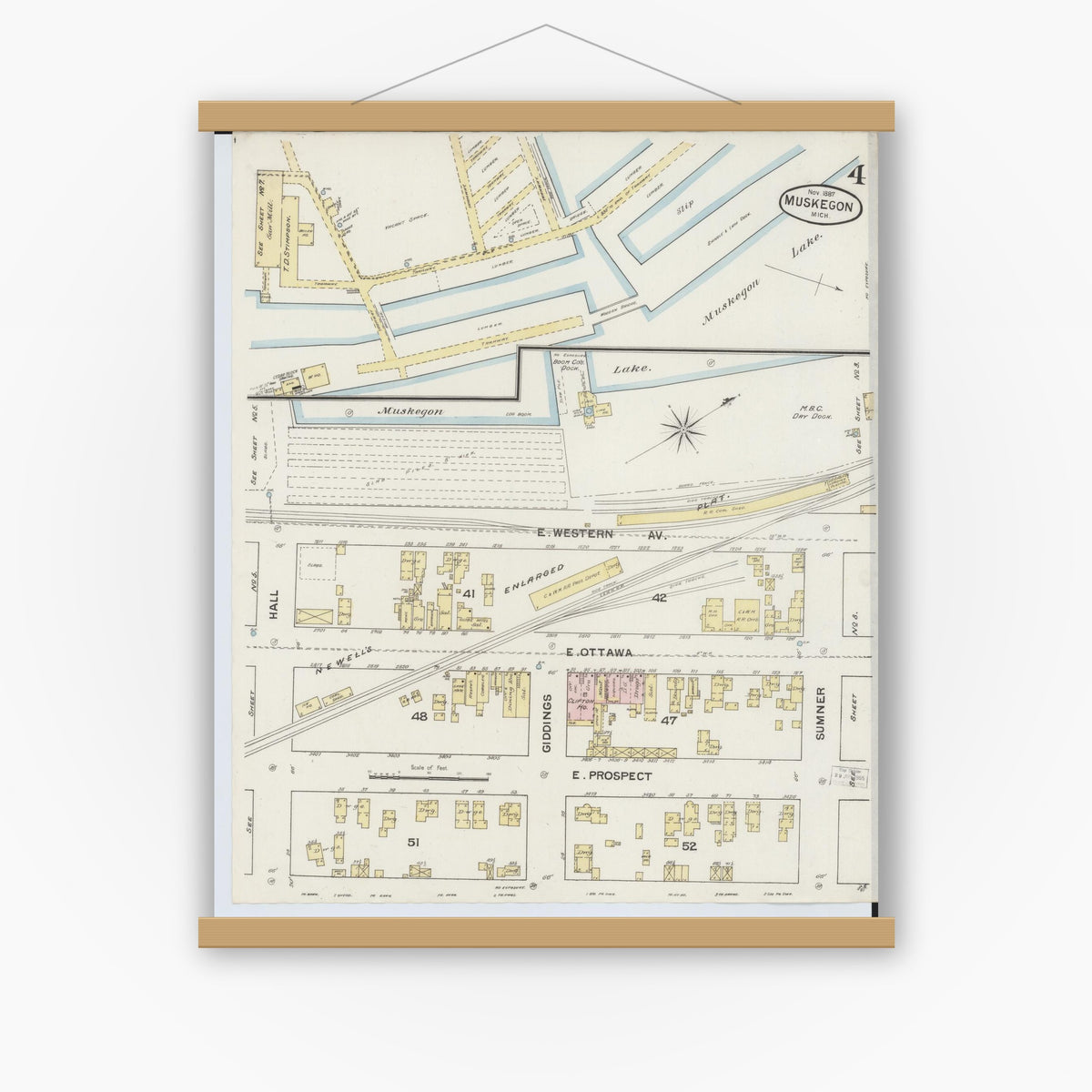 Old map wall art mockup — magnetic wood frame on white wall — Sanborn Fire Insurance Map from Muskegon, Muskegon County, Michigan (1887), Sheet #0004