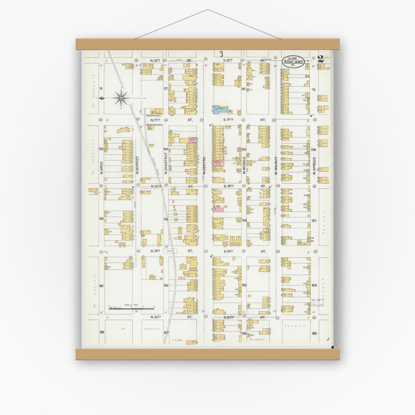 Old map wall art mockup — magnetic wood frame on white wall — Sanborn Fire Insurance Map from Ashland, Schuylkill County, Pennsylvania (1902), Sheet #0002