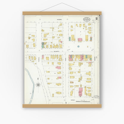 Old map wall art mockup — magnetic wood frame on white wall — Sanborn Fire Insurance Map from Delavan, Walworth County, Wisconsin (1904), Sheet #0002