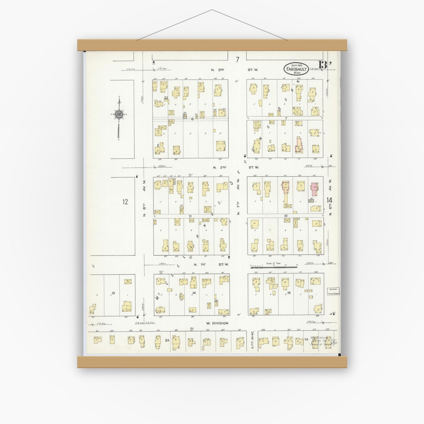 Old map wall art mockup — magnetic wood frame on white wall — Sanborn Fire Insurance Map from Faribault, Rice County, Minnesota (1914), Sheet #0013