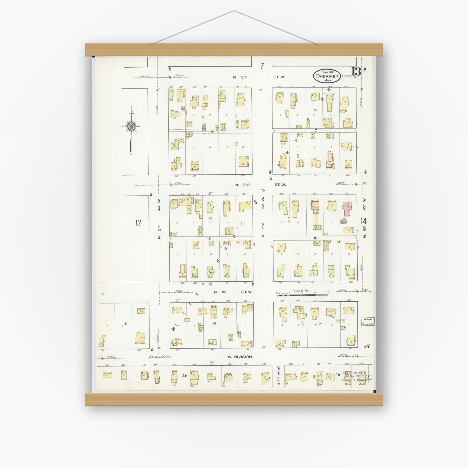 Old map wall art mockup — magnetic wood frame on white wall — Sanborn Fire Insurance Map from Faribault, Rice County, Minnesota (1914), Sheet #0013