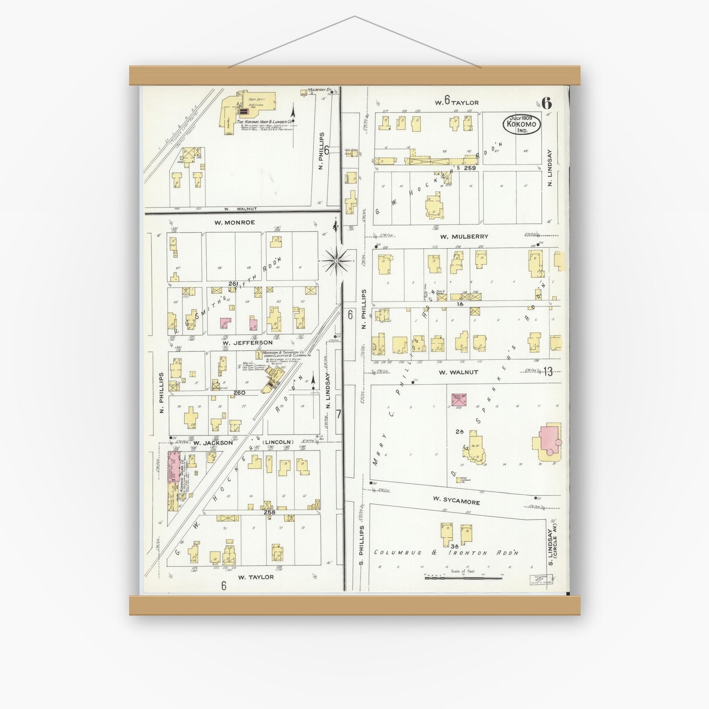 Old map wall art mockup — magnetic wood frame on white wall — Sanborn Fire Insurance Map from Kokomo, Howard County, Indiana (1909), Sheet #0006