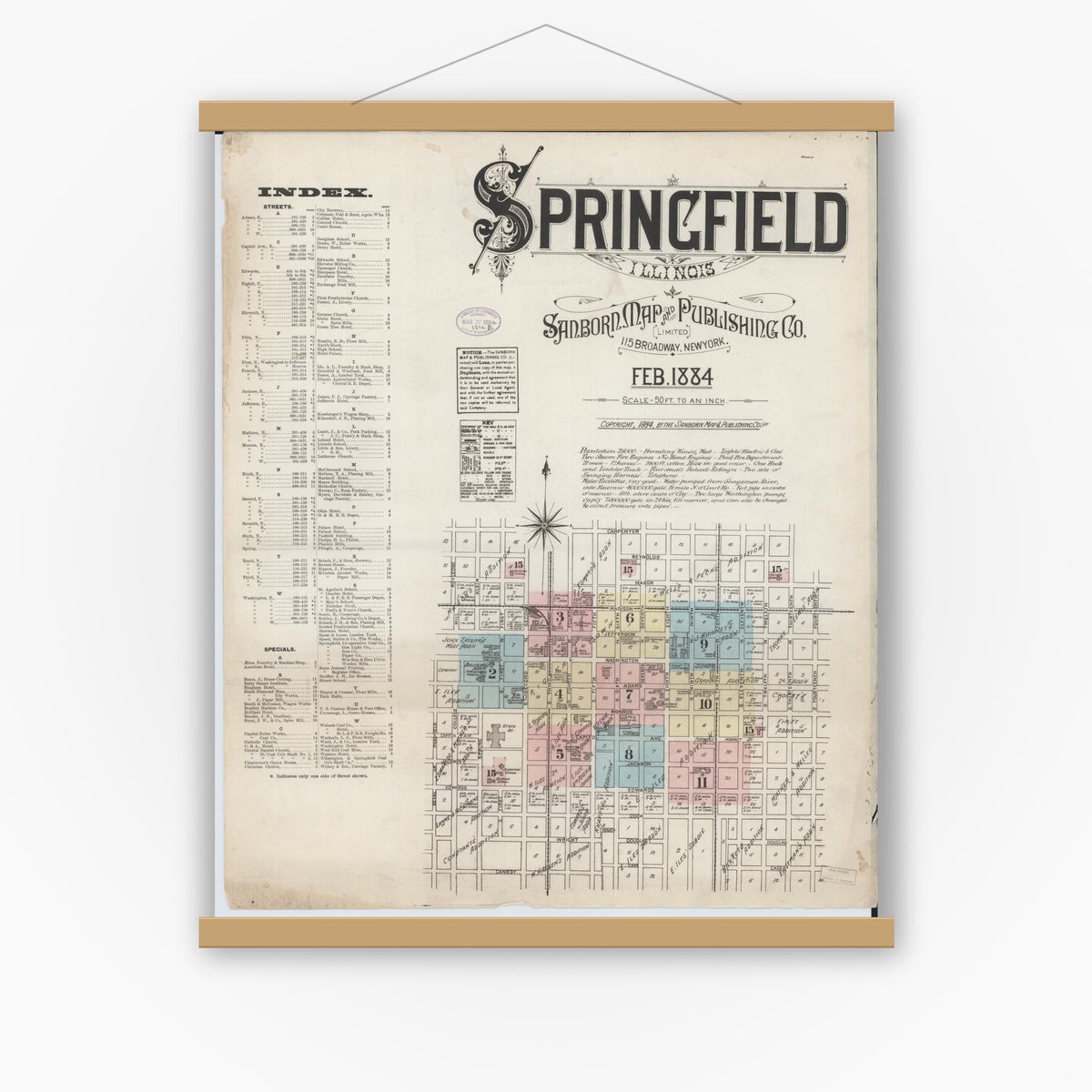 Old map wall art mockup — magnetic wood frame on white wall — Sanborn Fire Insurance Map from Springfield, Sangamon County, Illinois (1884), Sheet #0001