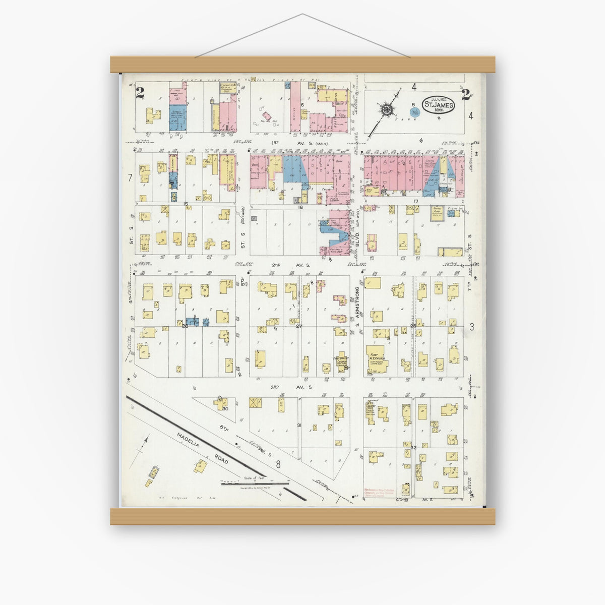 Old map wall art mockup — magnetic wood frame on white wall — Sanborn Fire Insurance Map from Saint James, Watonwan County, Minnesota (1924), Sheet #0002