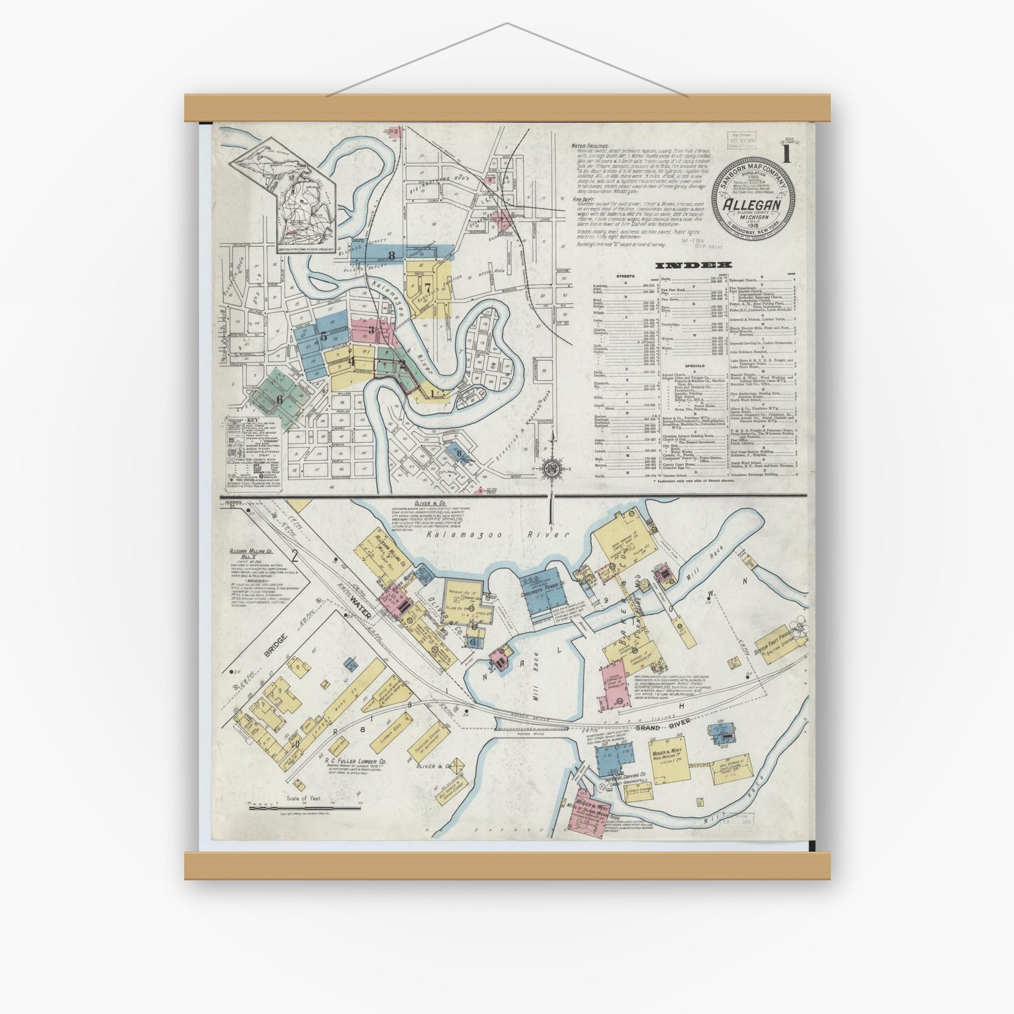 Old map wall art mockup — magnetic wood frame on white wall — Sanborn Fire Insurance Map from Allegan, Allegan County, Michigan (1918), Sheet #0001