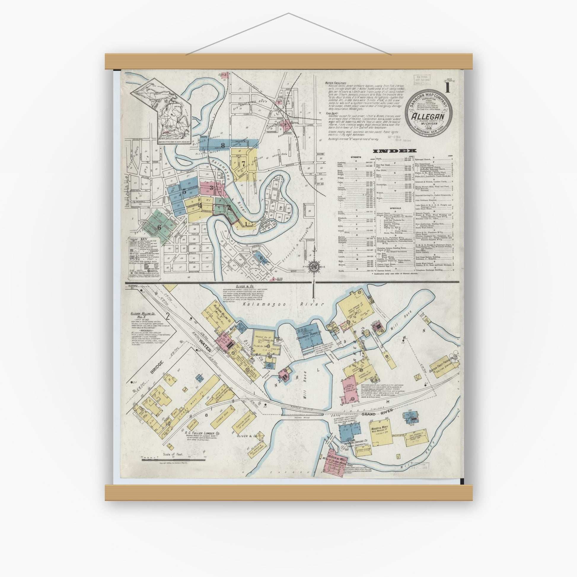 Old map wall art mockup — magnetic wood frame on white wall — Sanborn Fire Insurance Map from Allegan, Allegan County, Michigan (1918), Sheet #0001