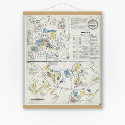 Old map wall art mockup — magnetic wood frame on white wall — Sanborn Fire Insurance Map from Allegan, Allegan County, Michigan (1918), Sheet #0001