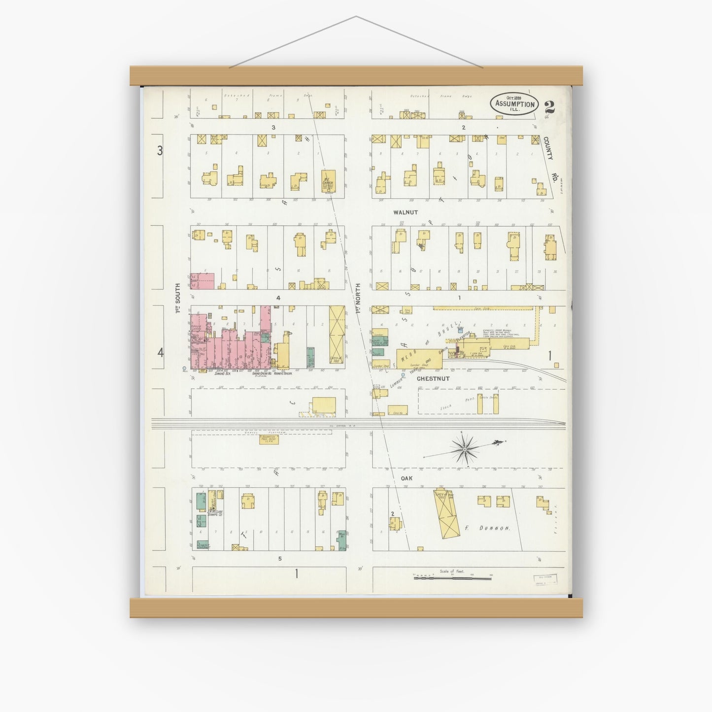 Old map wall art mockup — magnetic wood frame on white wall — Sanborn Fire Insurance Map from Assumption, Christian County, Illinois (1899), Sheet #0002