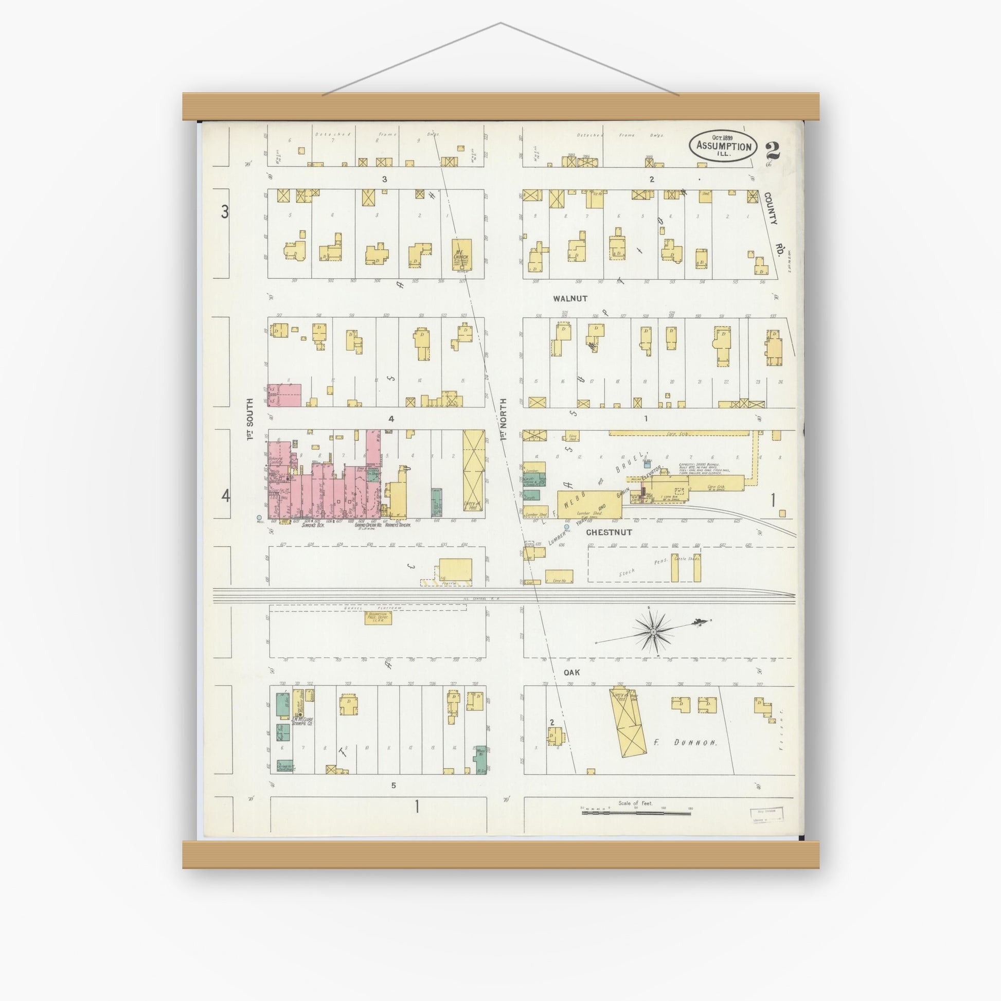 Old map wall art mockup — magnetic wood frame on white wall — Sanborn Fire Insurance Map from Assumption, Christian County, Illinois (1899), Sheet #0002