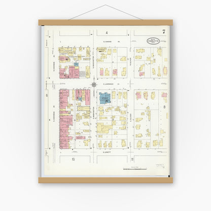 Old map wall art mockup — magnetic wood frame on white wall — Sanborn Fire Insurance Map from Charlotte, Eaton County, Michigan (1911), Sheet #0007