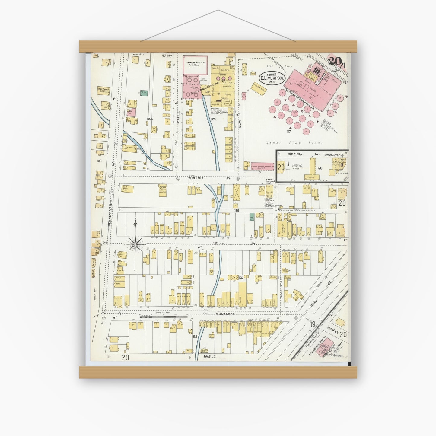Old map wall art mockup — magnetic wood frame on white wall — Sanborn Fire Insurance Map from East Liverpool, Columbiana County, Ohio (1903), Sheet #0020